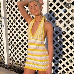 COLORFUL NATALIE PINK&YELLOW CROCHET MINI DRESS